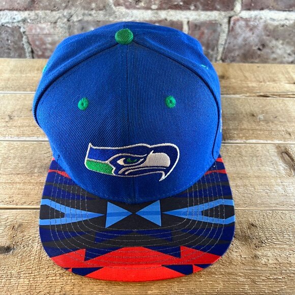 Seattle Seahawk Mitchell & Ness Vintage NFL Flat Bill Hat Cap Red & Blue - Picture 2 of 10